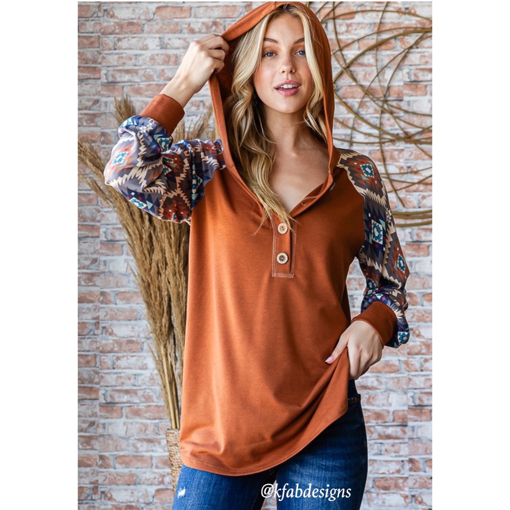 NEW! V Neck Button Detail Burnt Orange Aztec Contrast Hoodie! - Picture 2 of 9